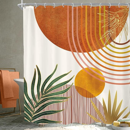 Mid Century Orange Boho Abstract Retro Gold Bathroom Shower Curtain Set | 72Wx78H Contemporary Arch design, waterproof HD print with fast-drying fabric and 12 hooks.