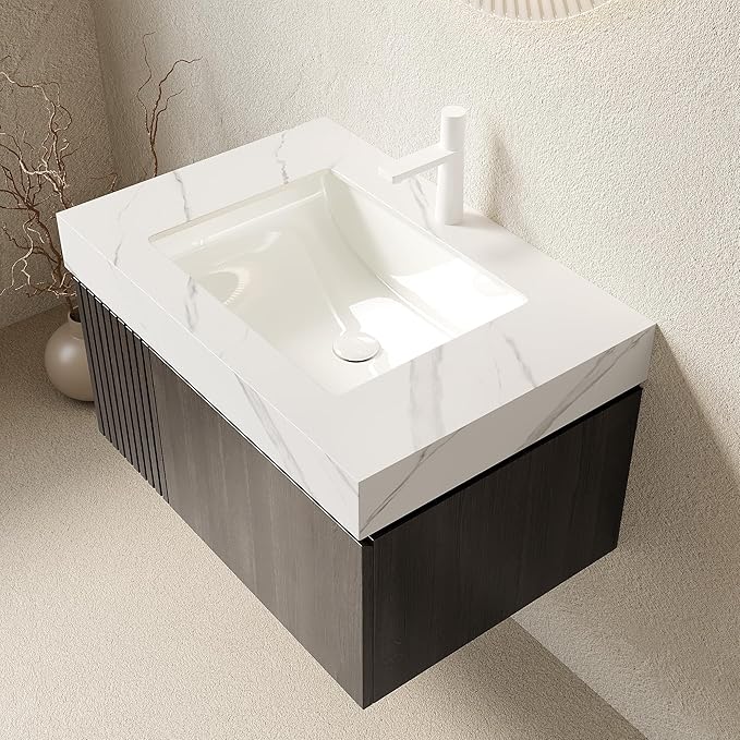 Ambrovina 30" Floating Bathroom Vanity with Sink, Plywood Storage Bathroom Vanities with Drawer and Door, Carrara White Sintered Stone Top and Ceramic Basin, Pre-Assembled Cabinet, Espresso Woodgrain