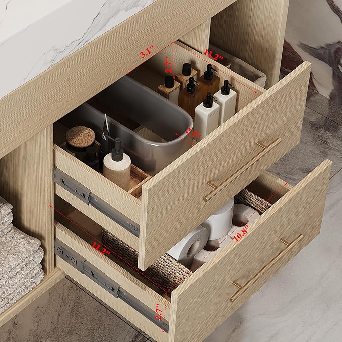 30 inch Modern Floating Bathroom Vanity with Sink, Wall Mounted Bathroom Cabinet with Undermount Ceramic Sink, Sintered Stone Countertop, 2 Soft Closing Drawers & Open Storage Shelf, Natural