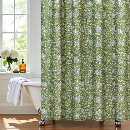 MUGINYU Sage Green Floral Shower Curtain Vintage Block Print - 72x72 Inches,Cotton Blend Cloth Fabric Farmhouse Decorative French Country Bathroom Decor, Cottagecore Aesthetic Pattern