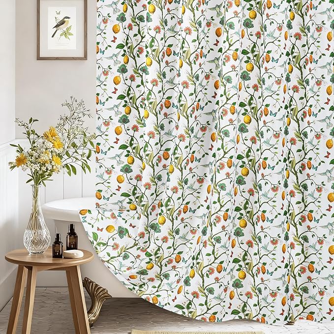 Floral Bird Shower Curtain 72x84, Hummingbird and Lemon Botanical Fabric Bath Curtains, Lightweight Quick-Dry Bathroom Decor Set with Hooks