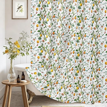Floral Bird Shower Curtain 72x84, Hummingbird and Lemon Botanical Fabric Bath Curtains, Lightweight Quick-Dry Bathroom Decor Set with Hooks