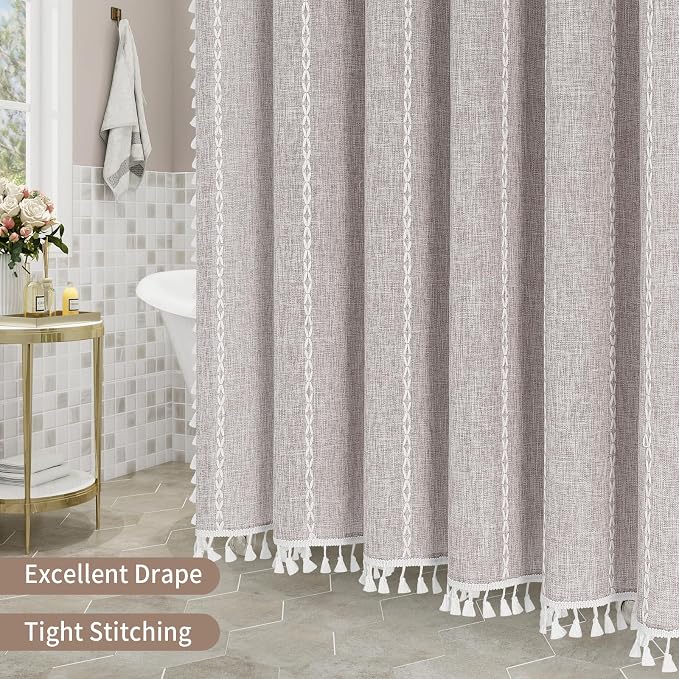 Boho Tassel Linen Shower Curtain,3D Embroidery Stripe Taupe Grey,72x84 | Extra Long Xl,310GSM Linen Texture Heavy Duty Cloth,Water Repellent,Wrinkle Resistant,Vintage Rustic Farmhouse Country