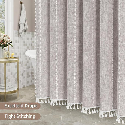 Boho Farmhouse Tassel Linen Shower Curtain,3D Embroidery Stripe Grey,36x72 | Small Stall Half Size,310GSM Linen Texture Heavy Duty Cloth,Water Repellent,Wrinkle Resistant,Vintage Farmhouse Rustic