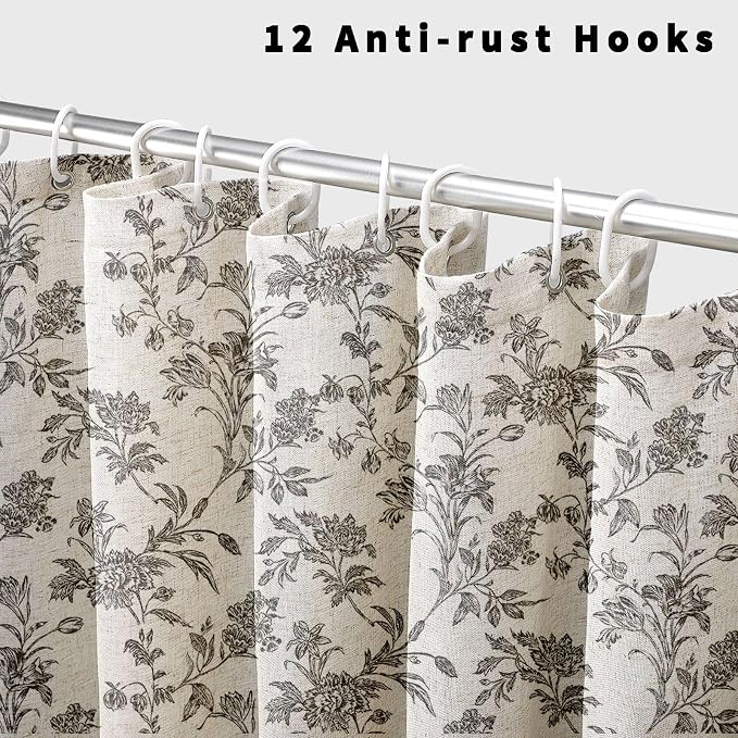 WOUVMA Black Shower Curtain Floral Cotton Linen Cottagecore Shower Curtain for Bathroom 72" W x 90" L