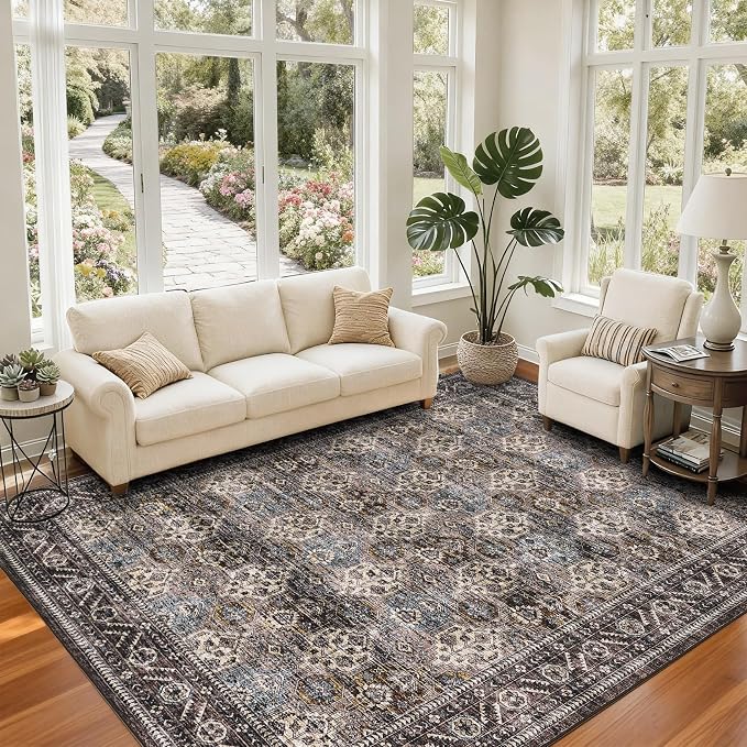 Vintage Floral Area Rug for Living Room, 10x13 Washable Soft Non Slip Bedroom Nursery Rugs, Indoor Traditional Distressed Large Under Table Carpet for Dining Room Office, Red Brown