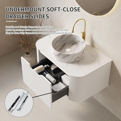 Yayzy 24" Floating Bathroom Vanity with Sink, Solid Wood Fluted Cabinet, White Marble-Patterned Ceramic Basin & Faux Marble Top, Soft-Close Drawer, Pre-Assembled, White