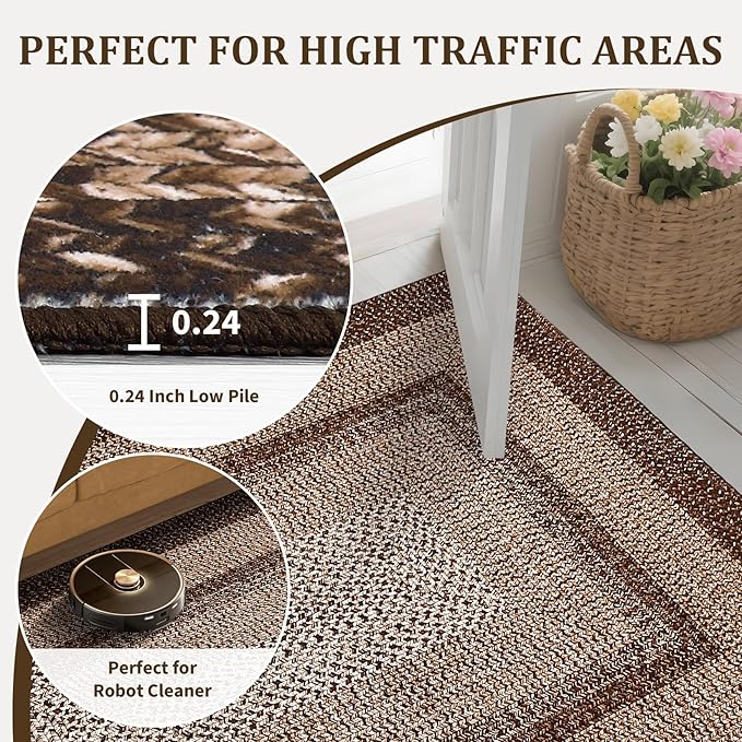 Washable Area Rug 6x9 Rug for Living Room Modern Rugs for Bedroom Decor Brown Rug Imitation Braided Non Slip Throw Rugs Stain Resistant Carpet for Nursery Dining Room 6'x9' Dark Brown