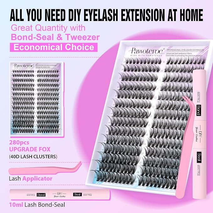 Lash Clusters Kit Cat Eye Lash Extension Kit DIY 9-16mm Cluster Eyelash Extensions Kit 40D Individual Lashes with Lash Bond and Seal, Lash Tweezers for Self Use (Fox 40D, 9-16mm, Kit)