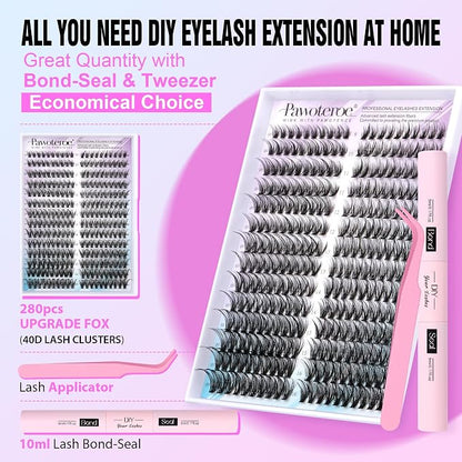 Lash Clusters Kit Cat Eye Lash Extension Kit DIY 9-16mm Cluster Eyelash Extensions Kit 40D Individual Lashes with Lash Bond and Seal, Lash Tweezers for Self Use (Fox 40D, 9-16mm, Kit)