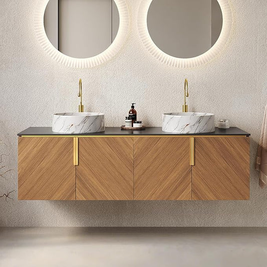 LKTART 60 Inch Bathroom Vanity Double Sink, Double Sink Bathroom Vanity with White Round Ceramic Basins, 4 Doors Modern Wall Mounted Bathroom Storage Cabinet, Black Sintered Stone Countertop, Brown