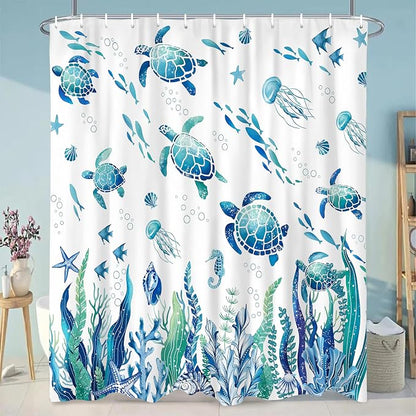 Nautical Sea Turtle Shower Curtain Cute Kids Coastal Shower Curtain Set with Waterweed Jellyfish for Bathroom Decor Waterproof Machine Washable Shower Curtains with 12 Hooks, 72x72 Inch