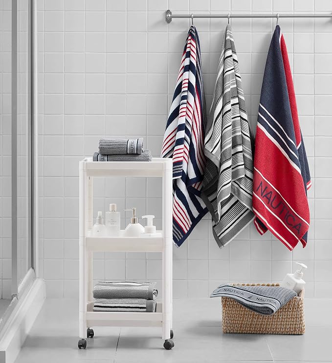 Nautica – Bathroom Towels, Washcloth, Bath & Hand Towel Set, Highly Absorbent Ribbed Terry Cotton, Set of 6, College Dorm Room Essentials (Signature Grey)