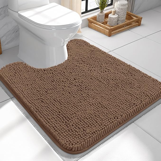 OLANLY Toilet Rugs U-Shaped 24x24, Soft Absorbent Chenille Contour Rugs | Mocha, Quick-Drying Rubber Backing, Machine Washable Non-Slip Shaggy Bathroom Mat for Toilet, Home Decor Accessories