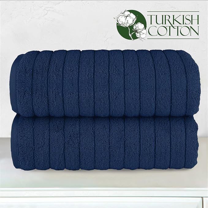 Elegant Comfort 100% Turkish Cotton Corduroy Ribbed Luxury Soft 2 Pack Bath Towels 27 x 54 Inch - Ultra Plush, Absorbent, Quick Dry, Hotel Spa Quality Towels for Bathroom Essentials, Navy