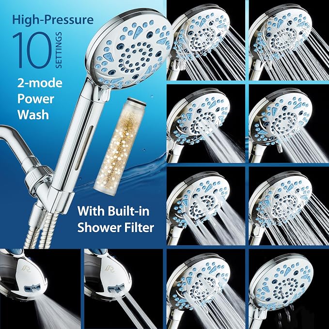 AquaCare High Pressure 10 Spray Mode Filtered Showerhead - Handheld Shower Head Filters Chlorine to Heal Dry Skin, Revive Hair - Dual Power Wash Cleans Tub, Tile, Pets - Hard Water Softener, Chrome