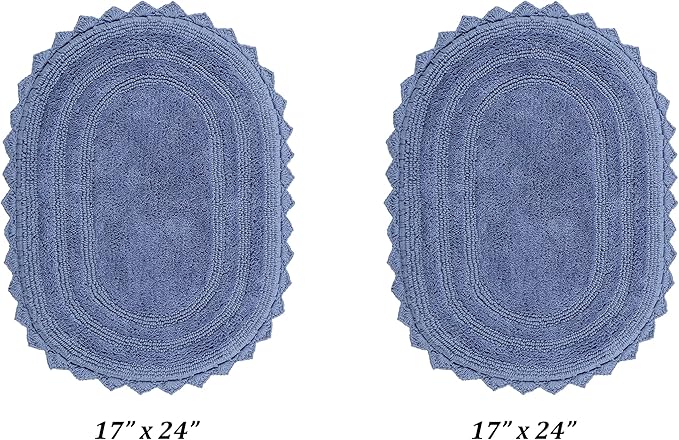 Better Trends 2 Piece Lilly Crochet Rug Set 100% Cotton Soft Oval 17x24 Bathroom Rug Water Absorbent Washable Reversible Bath Mat for Bathroom Floor Decor Bedroom Blue