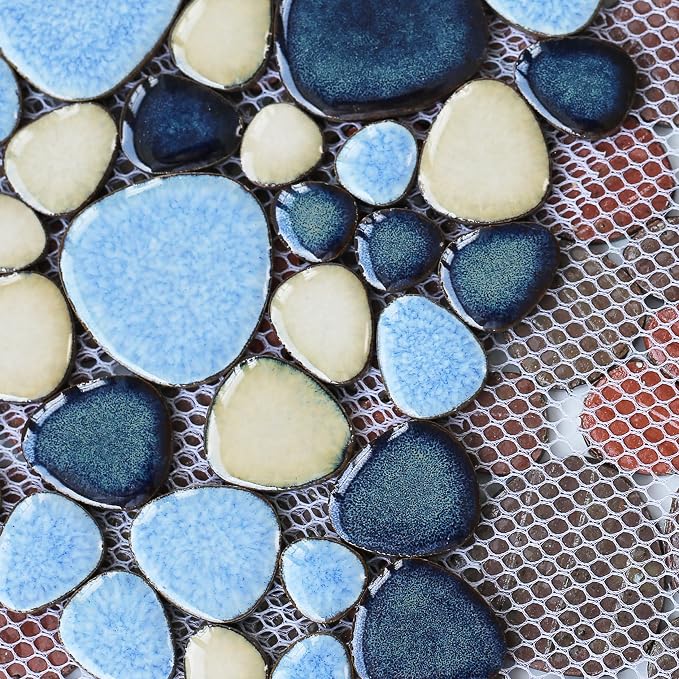 Shower Floor Pebble Tile Blue Mosaic Tiles for Bathroom Wall Backsplash Floor [Set of 5 Sheets]