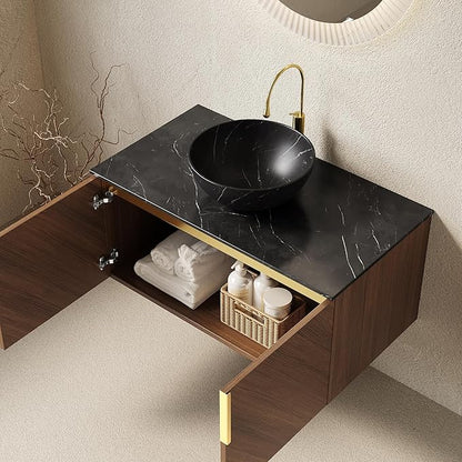 36 Inch Bathroom Vanity with Sink Combo, Floating Vanity Bathroom with Vessel Sink, Modern Bathroom Vanity Cabinet with Doors, Sintered Stone Countertop and Black Bowl Sink,Brown Oak