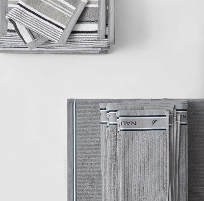 Nautica – Bathroom Towels, Washcloth, Bath & Hand Towel Set, Highly Absorbent Ribbed Terry Cotton, Set of 6, College Dorm Room Essentials (Signature Grey)