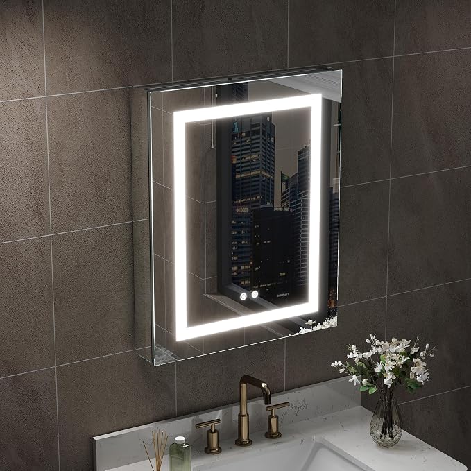 WELLFOR 24" X 30" Bathroom LED Medicine Cabinet with Mirror, Medicine Cabinet with Lights, Bathroom Mirror with Storage, Dimmer, Defogger, Outlets & USB Ports, Right Opening Door