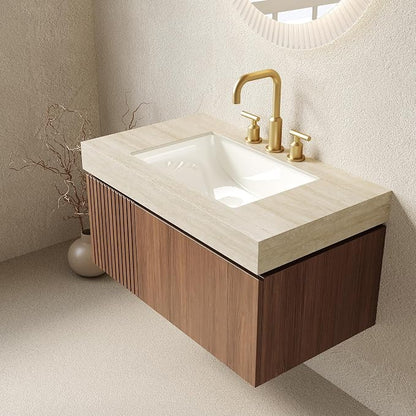 KEIKI 36 Inch Floating Bathroom Vanity with Sink, Brown Oak & Beige | Modern Wall Mounted Storage Cabinet w/ Drawer & Door, Pre-assembled Wood Panels, Sintered Stone Top & Ceramic Basin Combo Set