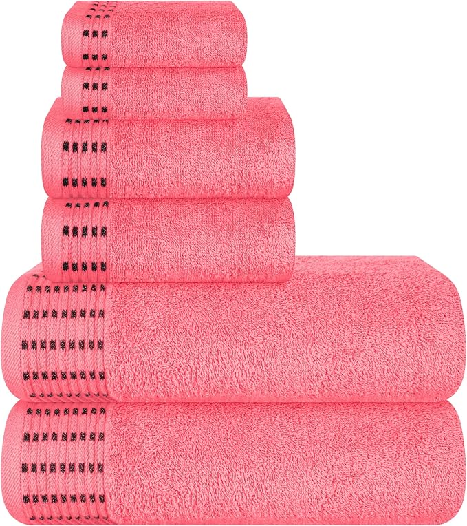 Ultra Soft 6 Pack Cotton Towel Set, Contains 2 Bath Towels 28x55 inch, 2 Hand Towels 16x24 inch & 2 Wash Cloths 12x12 inch, Ideal Everyday use, Compact & Lightweight - Coral Orange