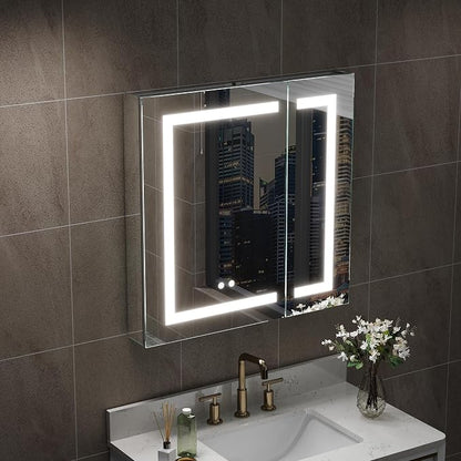 WELLFOR 30" X 30" Bathroom LED Medicine Cabinet with Mirror, Medicine Cabinet with Lights, Bathroom Mirror with Storage, Dimmer, Defogger, Outlets & USB Ports, Double Doors