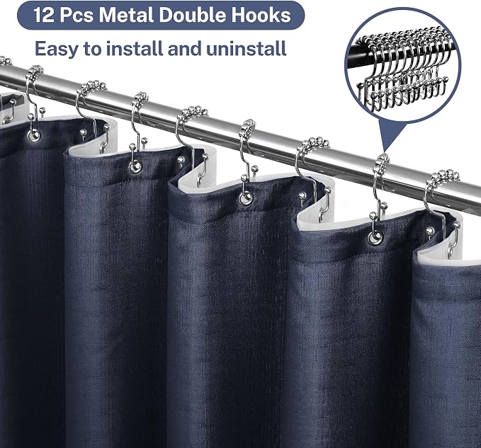 3 in 1 Shower Curtain Set, Navy Blue Shower Curtain and Liner Set with 12 Double Sided Shower Curtain Hooks,72x78 Cloth Shower Curtains for Bathroom,Waterproof