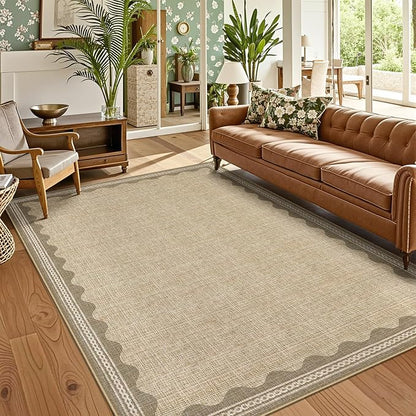 Garvee Washable Rug 10x13 Large Modern Bordered Bedroom Rug Non Slip Jute | Ultra-Soft Low Pile Floor Cover Non-Shedding Stain-Resistant Foldable Accent Rugs for Living Room Nursery Kids Room Office