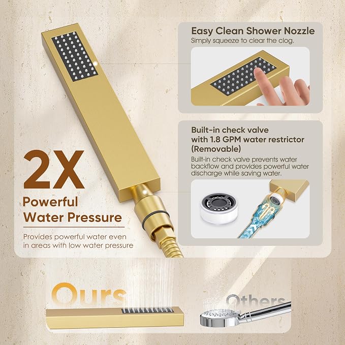 Brushed Gold Shower System with Tub Spout and 10“ Rain Shower Head | All Metal Tub Shower Faucet Set with Shower Head and Handheld combo set,Wall Mounted Shower System with valve and Trim kit