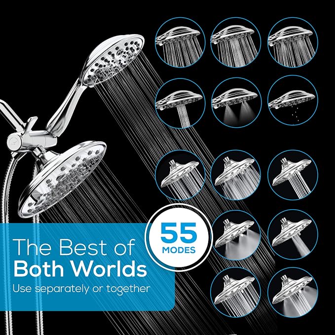 SparkPod Dual Shower Head - 8'' High Pressure 55-Mode Rain Shower Heads with Handheld Spray Combo - Rainfall, Handheld & Dual Mode - Easy Install 3-Way Showerhead with Hose & Holder (Polished Chrome)
