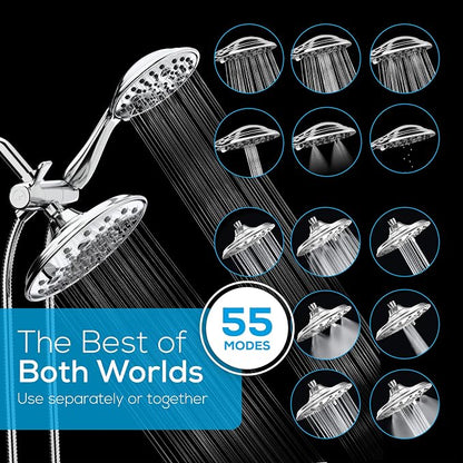 SparkPod Dual Shower Head - 8'' High Pressure 55-Mode Rain Shower Heads with Handheld Spray Combo - Rainfall, Handheld & Dual Mode - Easy Install 3-Way Showerhead with Hose & Holder (Polished Chrome)