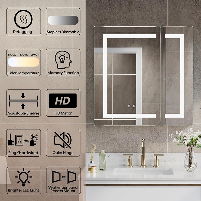 WELLFOR 30" X 30" Bathroom LED Medicine Cabinet with Mirror, Medicine Cabinet with Lights, Bathroom Mirror with Storage, Dimmer, Defogger, Outlets & USB Ports, Double Doors