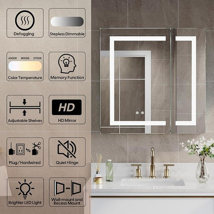 WELLFOR 30" X 30" Bathroom LED Medicine Cabinet with Mirror, Medicine Cabinet with Lights, Bathroom Mirror with Storage, Dimmer, Defogger, Outlets & USB Ports, Double Doors