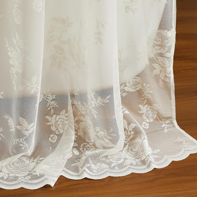Ivory Lace Shower Curtain for Bathroom Romantic Floral Shower Curtain with Attached Valance Romantic Cream Luxury Lace, Vintage Shabby Chic Bath Curtains for Master Bath Apartment Women, 1 Panel 72x72