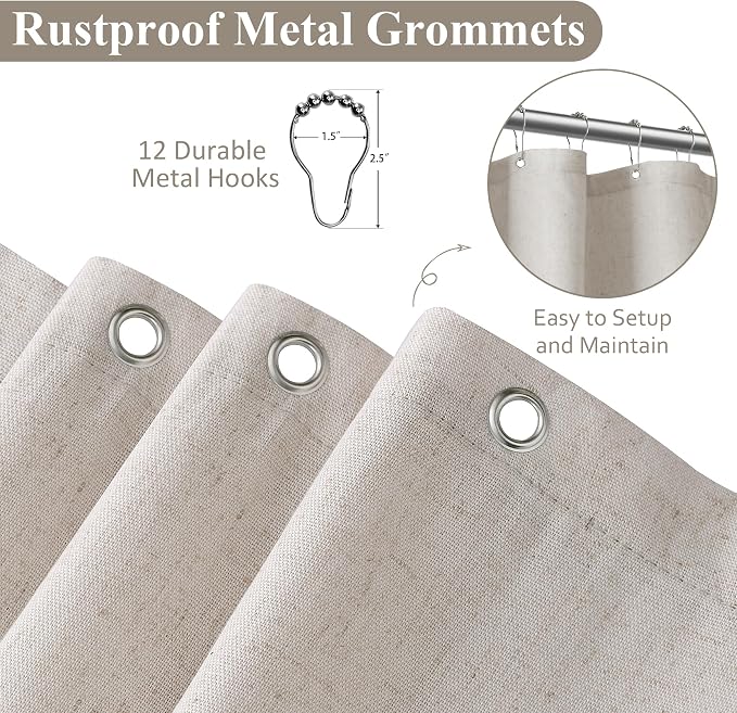 Oatmeal Linen Shower Curtain, Cloth Textured Fabric Shower Curtain Set with Hooks, Simple Elegant Modern Farmhouse Country Ultra Thick Bath Curtains for Bathroom,Water Repellent,72x84