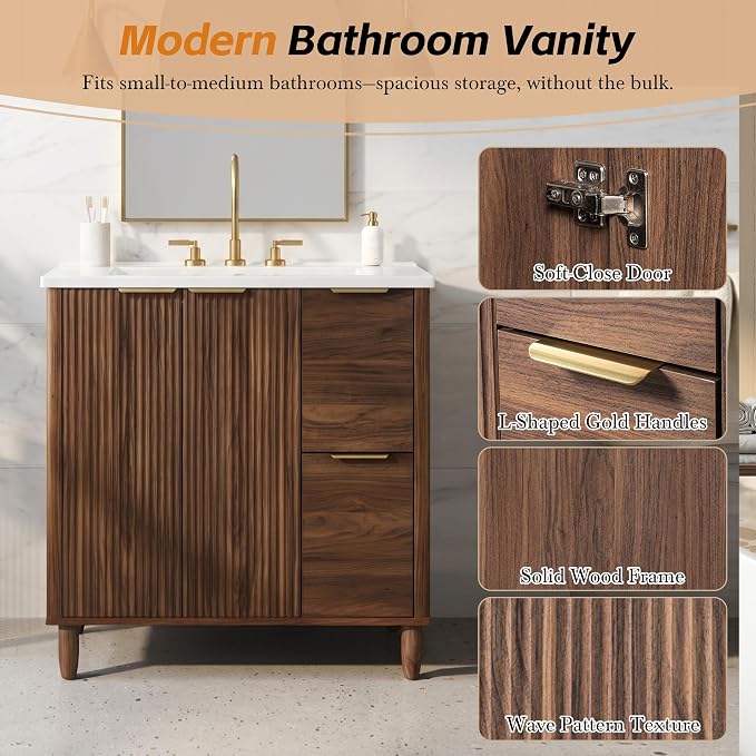 30 Inch Mid-Century Bathroom Vanity with SMC Sink (Walnut Style3, 30") | Dual Drawers & Fluted Soft-Closing Doors, Walnut Vanity Cabinet with Adjustable Shelf, Gold L-Shaped Handles, Solid Wood Legs
