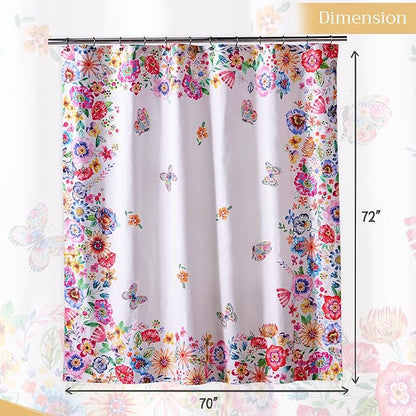 Maison d' Hermine Shower Curtain 100% Cotton One Panel 70"x72" Washable Fabric Shower Curtains for Bathroom, Easy Hanging with 12 Button Holes - Spa Easter Gifts (Happy Florals - High Summer)