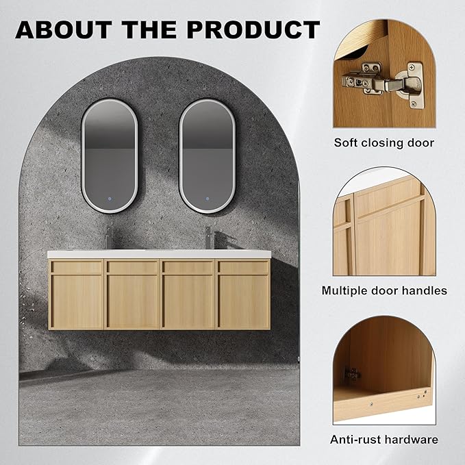 60" Wall Mounted Bathroom Vanity - Floating Bathroom Vanity with Double Resin Sink, 4 Soft Closing Doors, Original Oak Plywood (KD-Packing)