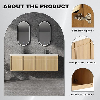 60" Wall Mounted Bathroom Vanity - Floating Bathroom Vanity with Double Resin Sink, 4 Soft Closing Doors, Original Oak Plywood (KD-Packing)