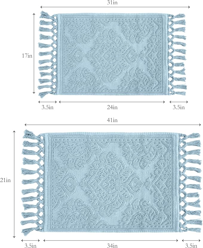 Jean Pierre – Ricardo Bath Mats, Set of 2 Woven Fringe Bathroom Rugs, 100% Cotton, Premium Bathroom Decor - Measures 17" x 31" and 21” x 41”- Light Blue