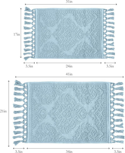 Jean Pierre – Ricardo Bath Mats, Set of 2 Woven Fringe Bathroom Rugs, 100% Cotton, Premium Bathroom Decor - Measures 17" x 31" and 21” x 41”- Light Blue