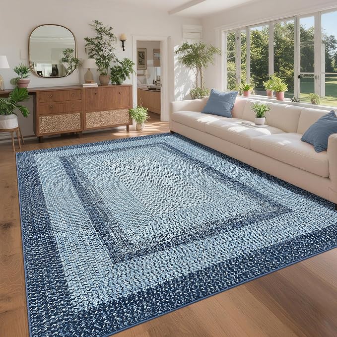 Printed Washable Area Rugs 10x13 Rug Modern Rugs for Bedroom Blue Rug Imitation Braided Soft Large Area Rug Non Slip Throw Rugs Stain Resistant Carpet for Nursery Dining Room 10'x13' Navy Blue