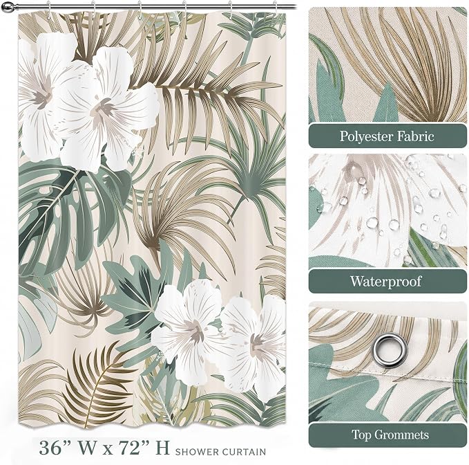 Tropical Shower Curtain for Bathroom, Green Palm Tree Flower Plant Boho Leaf Banana Monstera Sage Beige Shower Curtains Set, Fabric Bathroom Accessories with Hooks 36x72 Inch