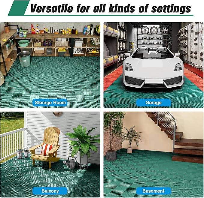 12-Pcs Interlocking Tile, 12" x 12" Indoor/Outdoor Self-Drainage Interlocking Floor Tiles, Non-Slip Heavy-Duty Polypropylene Splicing Flooring Tile for Garage Patio Pool Bathroom, Green