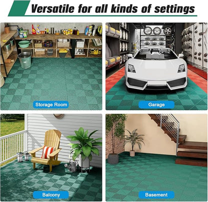 12-Pcs Interlocking Tile, 12" x 12" Indoor/Outdoor Self-Drainage Interlocking Floor Tiles, Non-Slip Heavy-Duty Polypropylene Splicing Flooring Tile for Garage Patio Pool Bathroom, Green