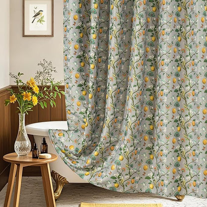 Grey Floral Bird Shower Curtain 72x72, Hummingbird and Lemon Botanical Fabric Bath Curtains, Lightweight Quick-Dry Bathroom Decor Set with Hooks
