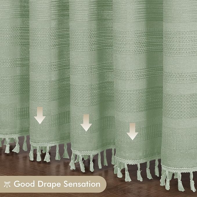 Extra Long Boho Shower Curtain 84 Inch Long, Modern Farmhouse Heavy Duty Linen Textured Soft Fabric, Rustic Country Cloth Shower Curtain with Tassel for Bathroom Hotel, 72Wx84L, Light Green