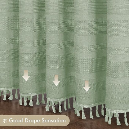 Light Green Shower Curtain for Bathroom, Boho Linen Textured Shower Curtain with Tassel, Rustic Striped Heavy Duty Vintage Country Bathroom Curtain, 72Wx72L Inches